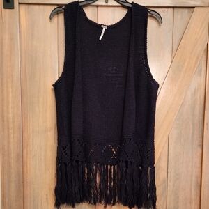 Poof! Black Open Fringe Knit Cotton Blend Vest